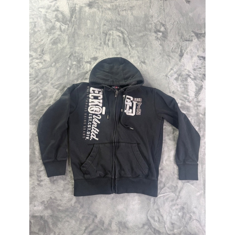 Ecko Unltd. Full Zip Hoodie Sweatshirt 2000s Mens M Black Embroidered Hooded
